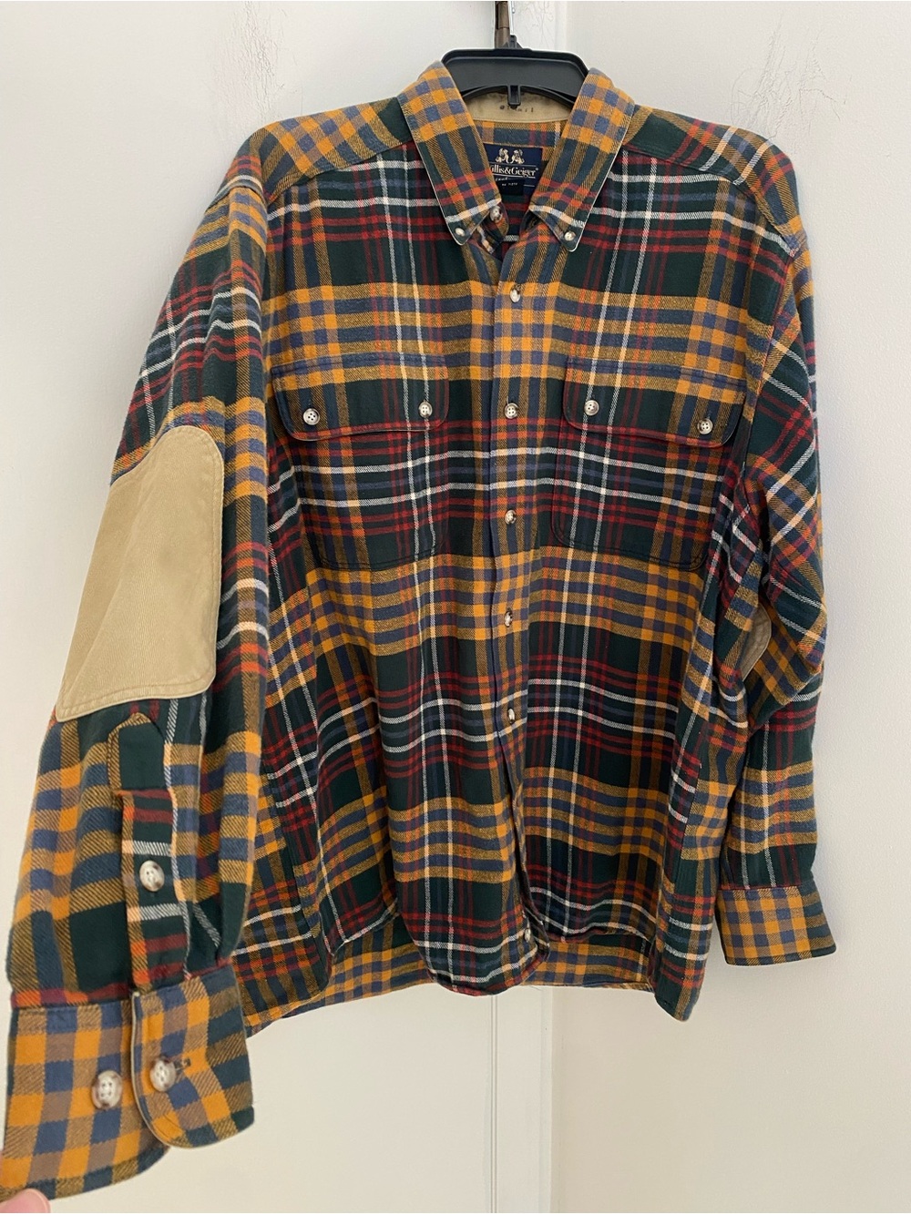 Willis & Geiger Plaid Button-Down Cotton Flannel Shirt Elbow Patches Vintage L